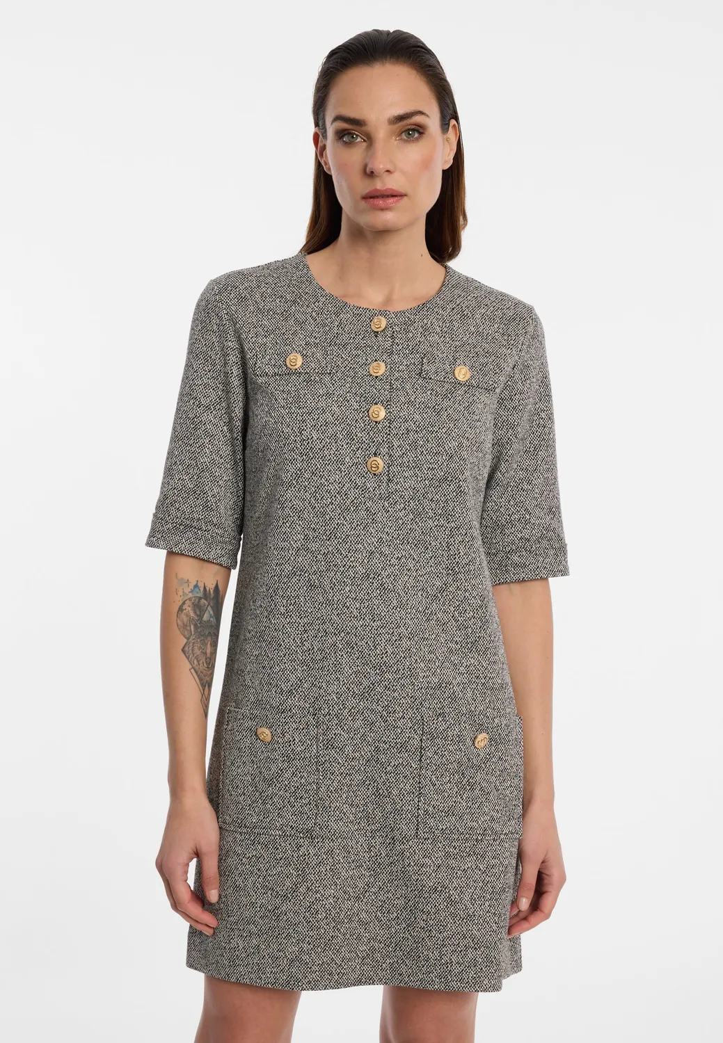 Ana Alcazar Evina abito tubino tweed bottoni oro