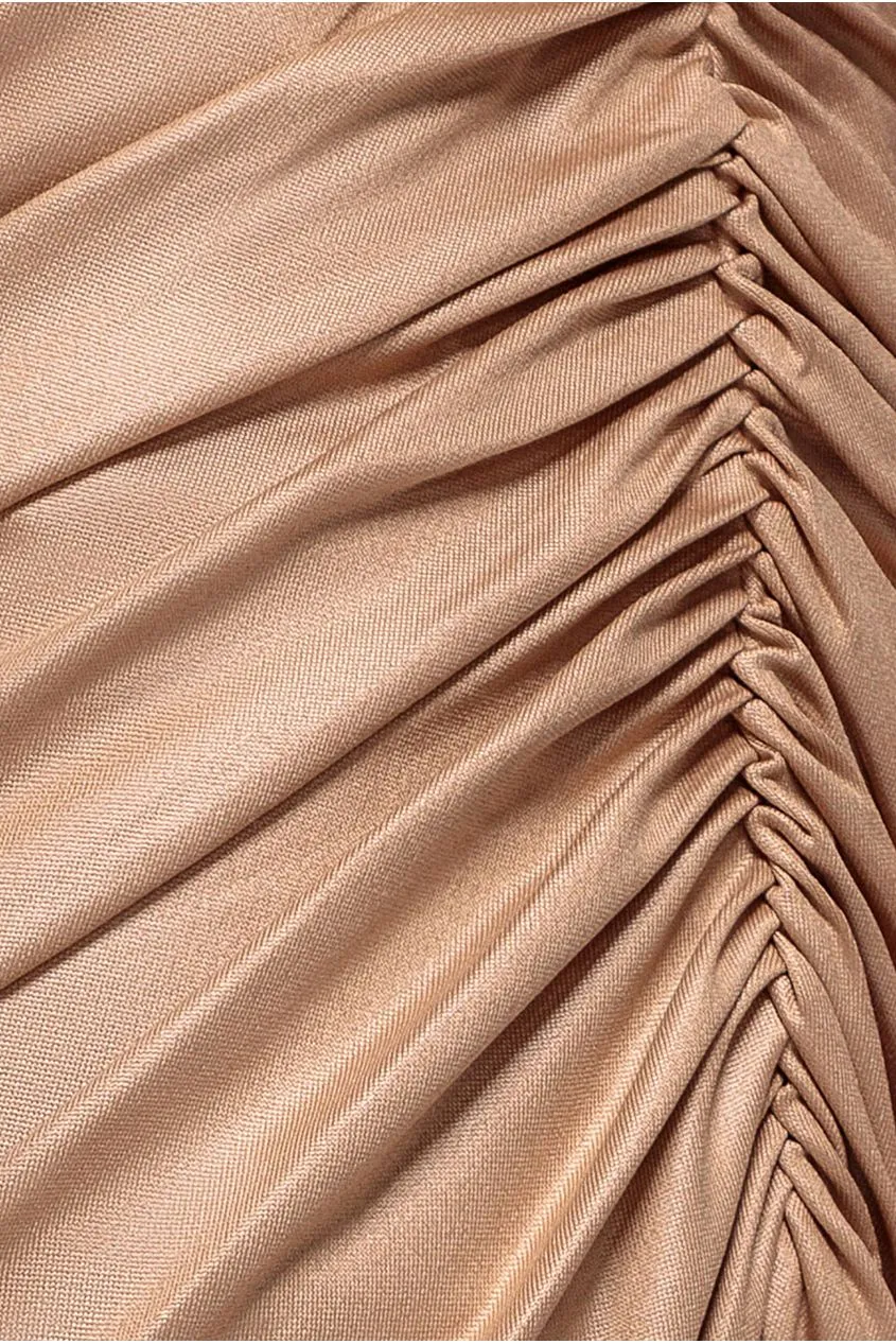 Goddiva Bandeau abito midi ecopelle beige bodycon