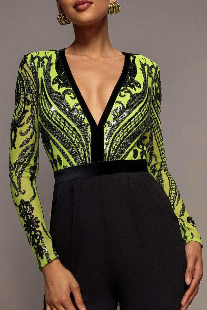 Goddiva Deep V Neck tuta lime scollo V paillettes