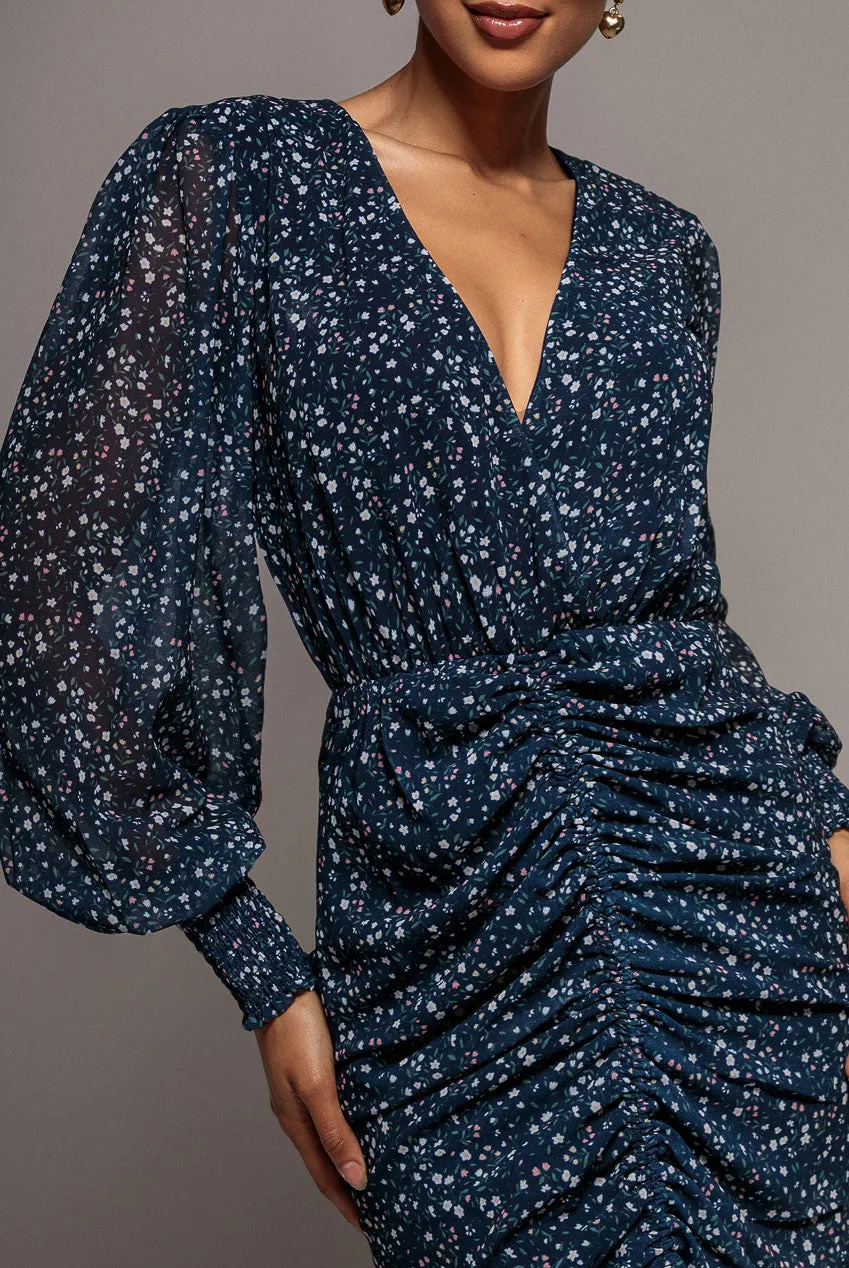 Goddiva Abito Midi Blu Stampa Maniche Lunghe Coulisse
