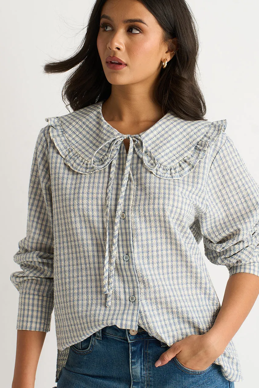 Gini London Blue Gingham camicia blu a quadri collo Peter Pan