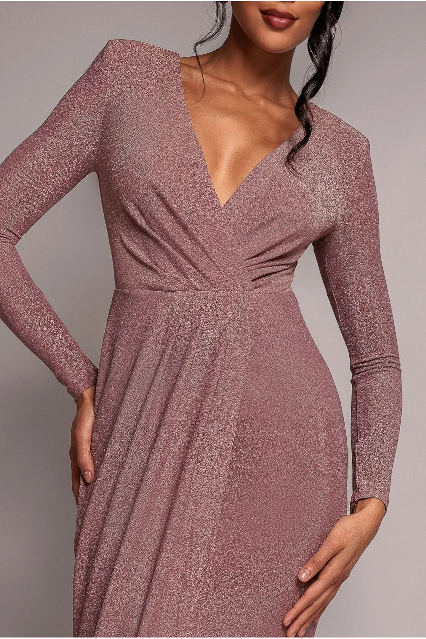 Goddiva Front Crossover Lurex Split Maxi abito rosa scollo V