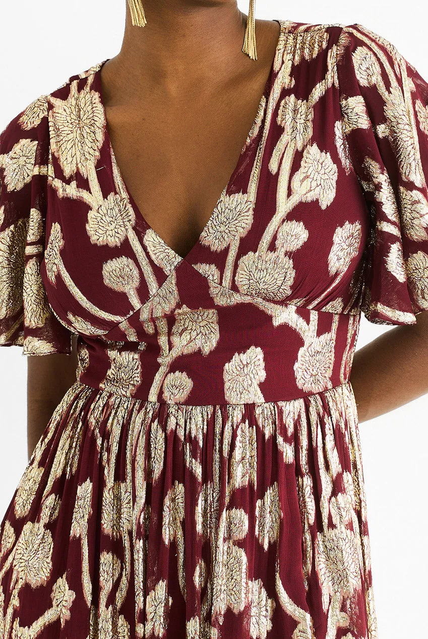 Goddiva Gini London abito lungo bordeaux jacquard metallizzato