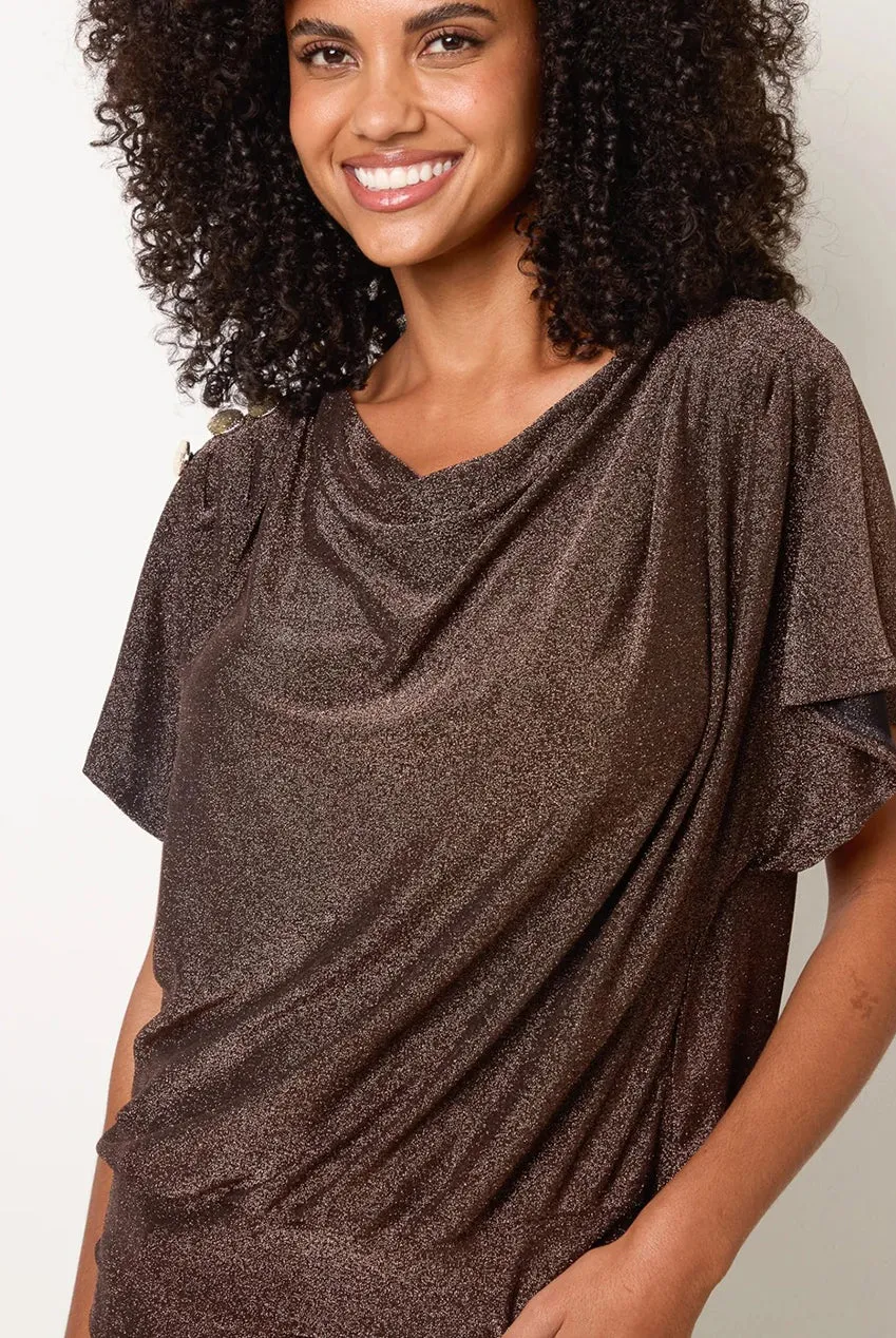 Blue Vanilla Draped Cowl top bronzo S/M metallizzato