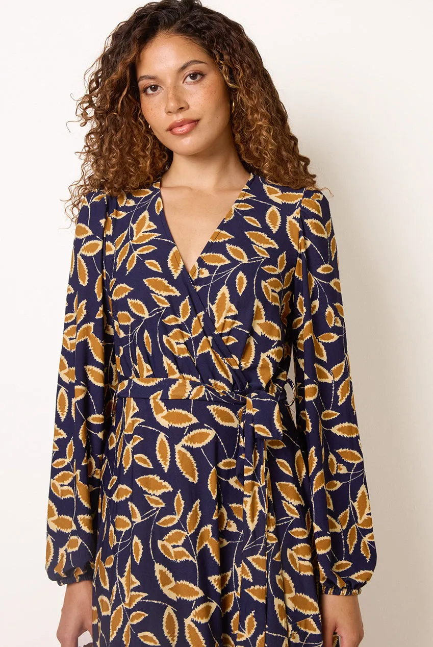 Blue Vanilla Asymmetric Wrap Abito Midi Navy Manica Lunga