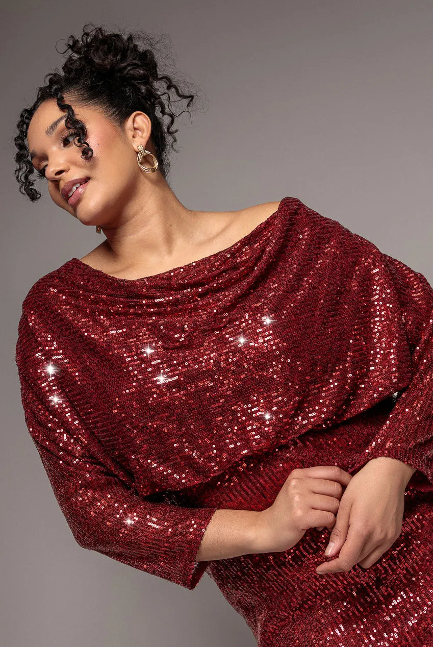 Goddiva Plus DR4051 abito lungo vino paillettes scollo barca