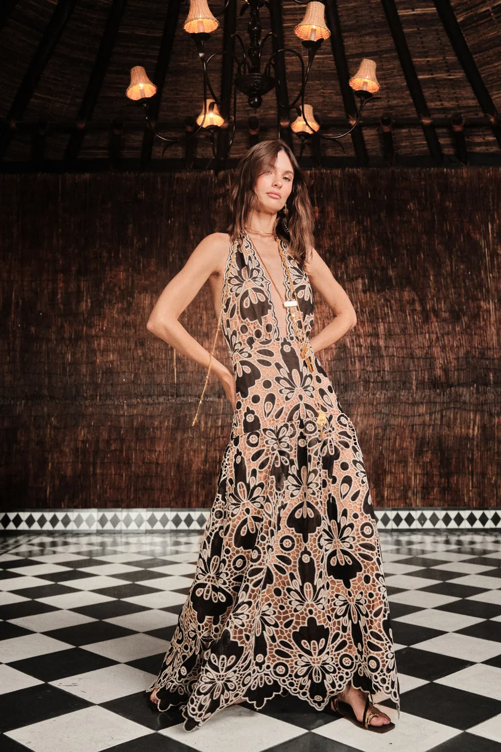 Johanna Ortiz Verso Luminoso Abito Maxi Pizzo Nero