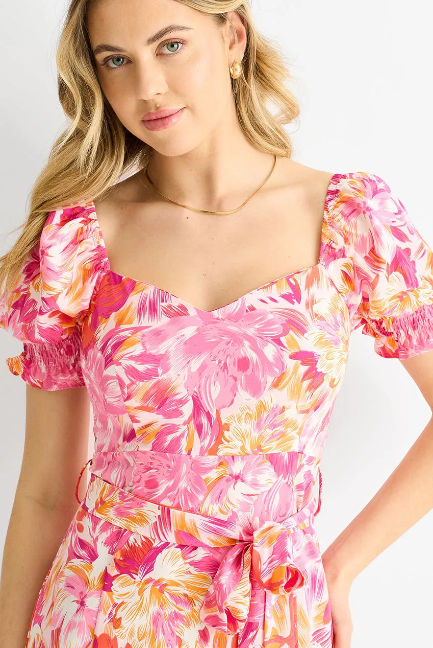 Gini London Abito Midi Floreale Rosso con Cintura e Maniche a Sbuffo