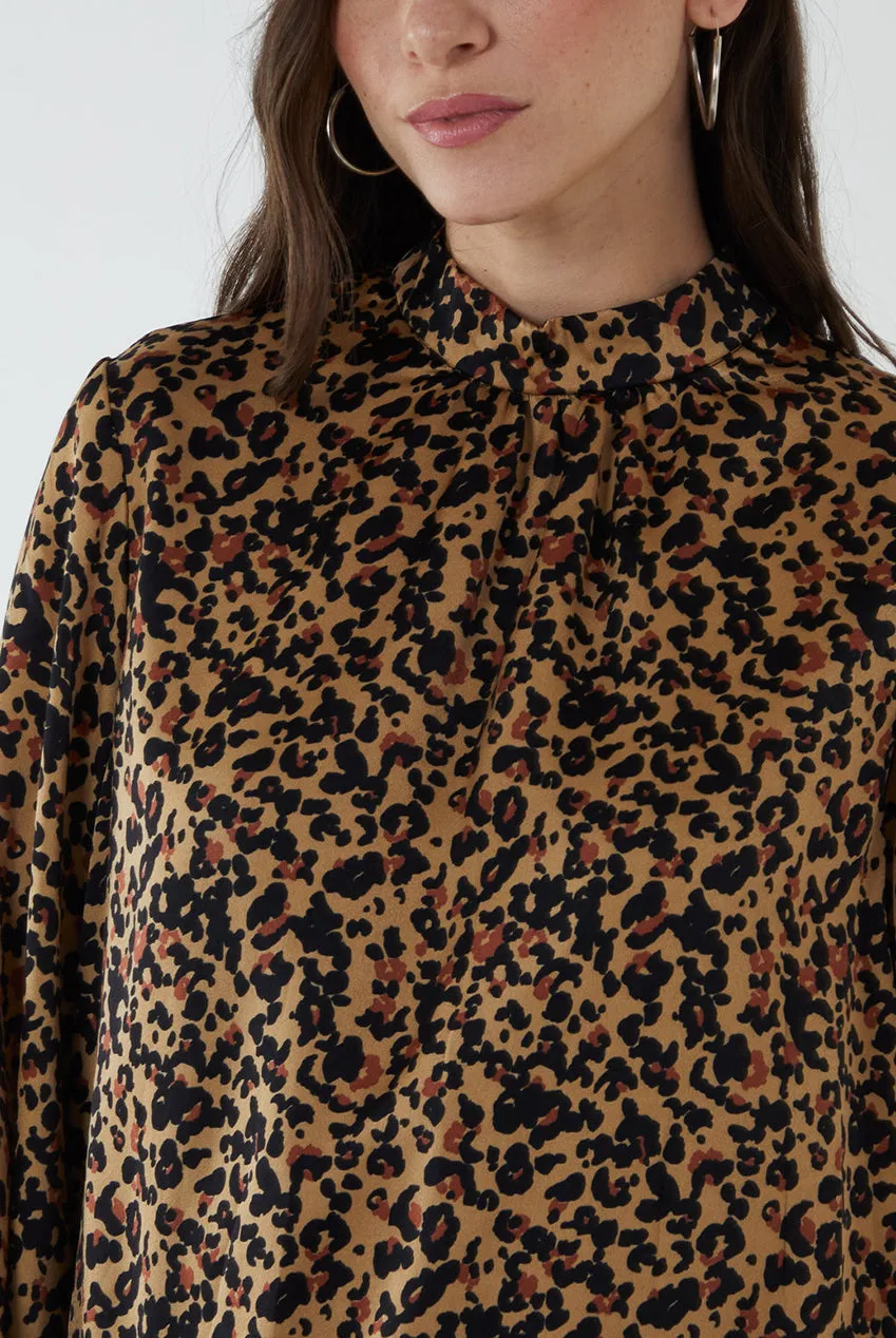 Blue Vanilla top marrone leopardato satin collo alto