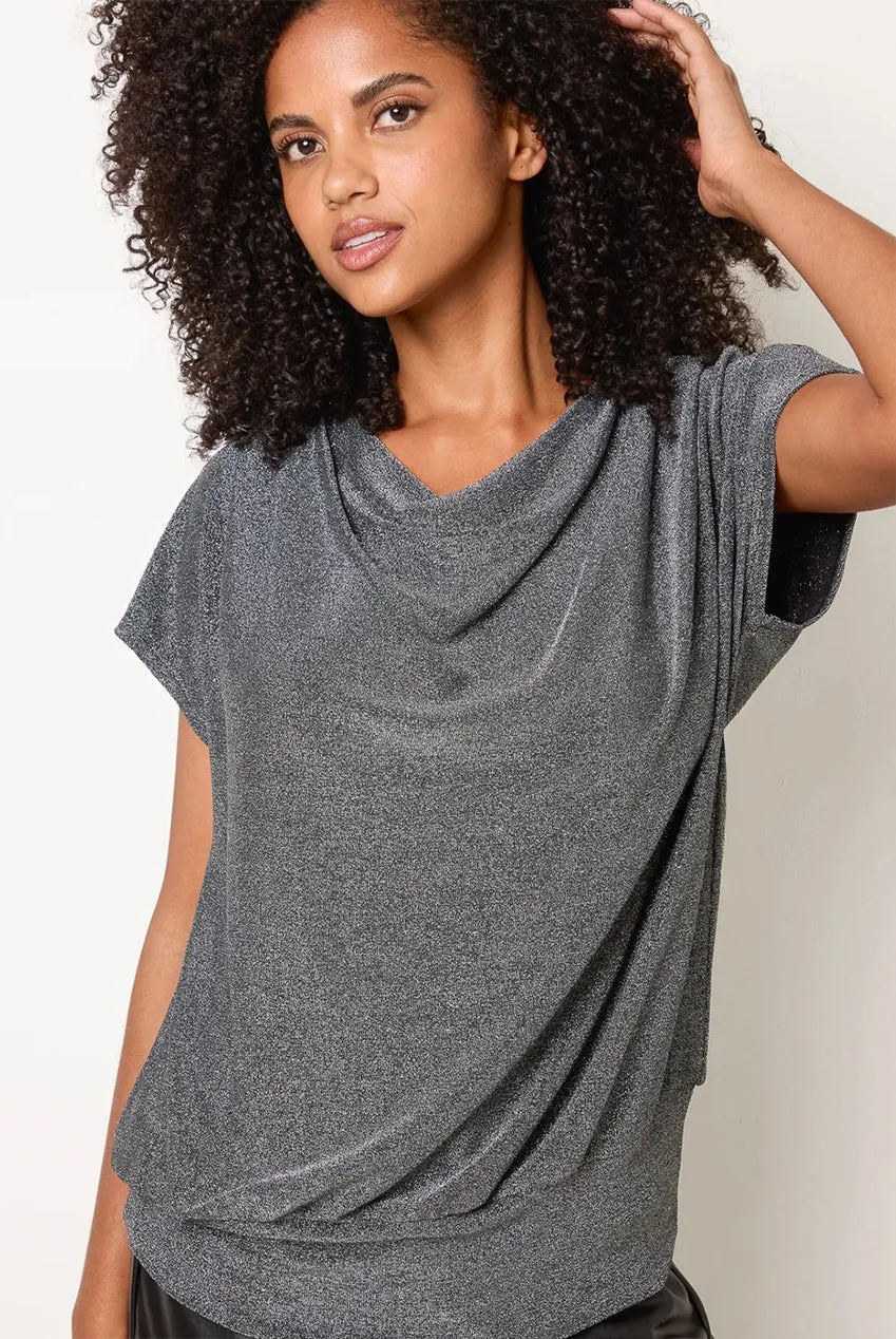 Blue Vanilla Draped top argentato scollo sciallato metallico