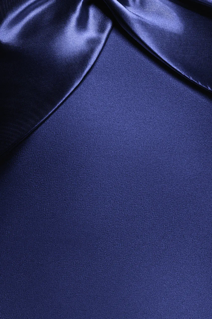 Goddiva abito lungo bardot navy nodo raso scuba