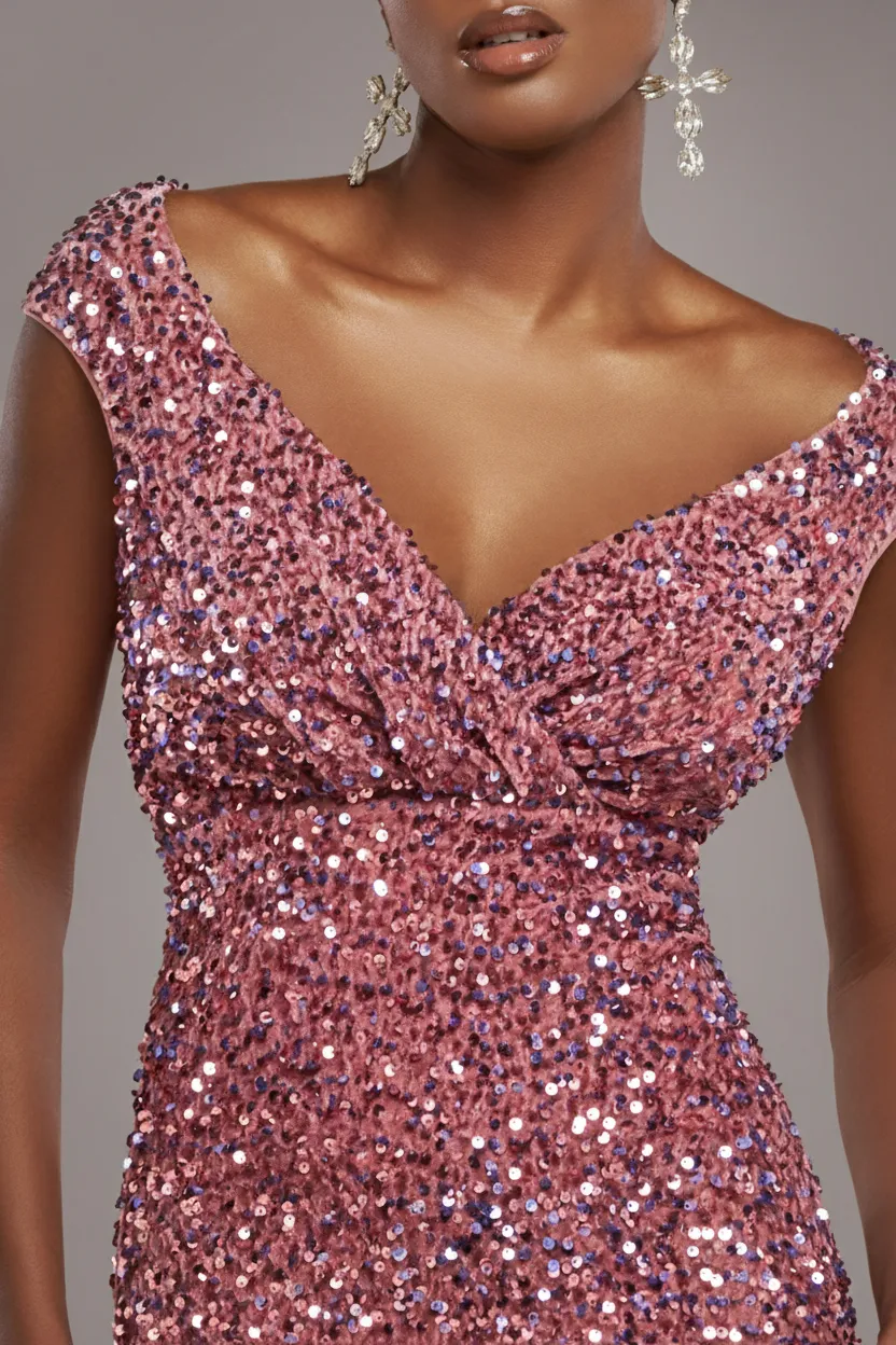 Goddiva Bardot abito maxi rosa velluto paillettes sirena
