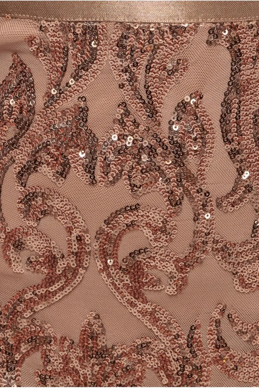 Goddiva Sequin Mesh midi abito paillettes champagne maniche lunghe