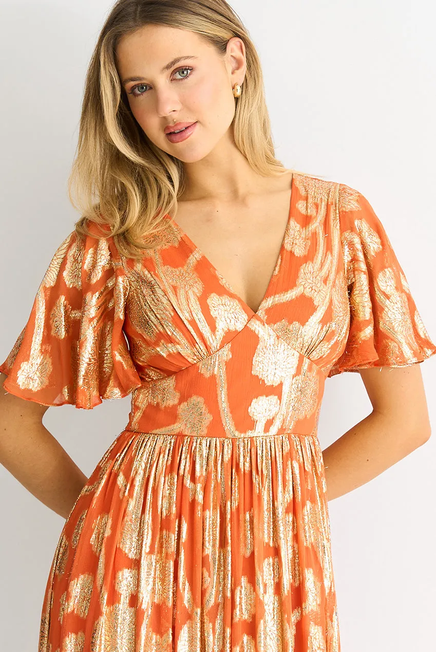 Gini London Metallic Jacquard abito maxi arancione floreale