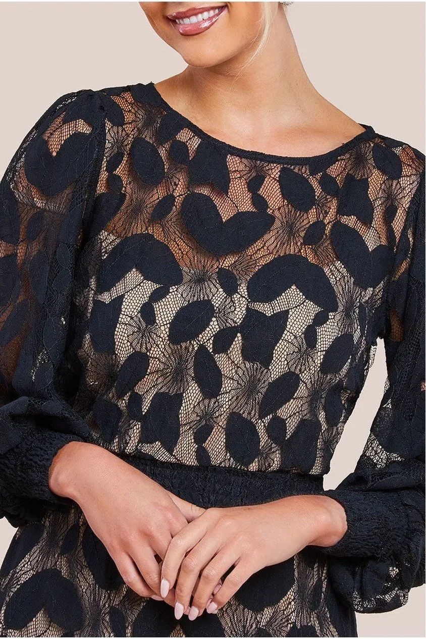 Goddiva Lace Front Split abito maxi nero pizzo maniche lunghe
