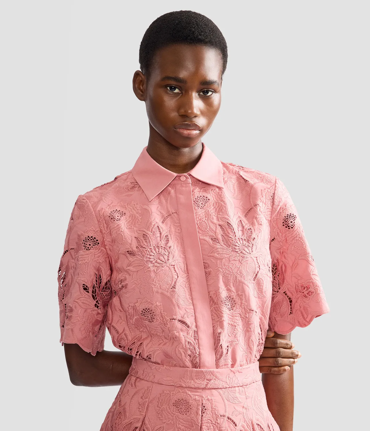 Erdem Floral Cotton Cutwork Short Sleeve Shirt camicia rosa