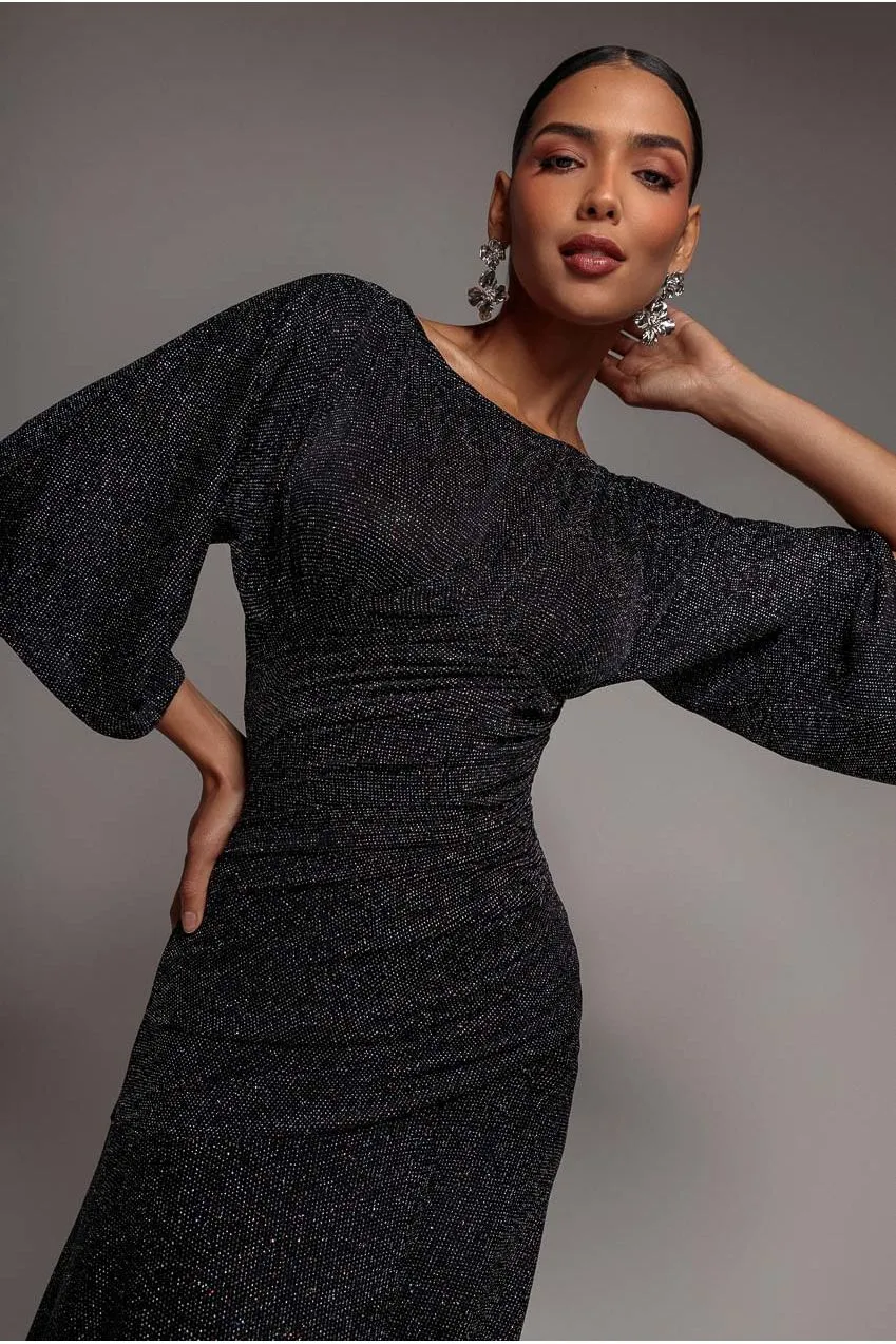 Goddiva Lurex Kimono Abito Maxi Nero Maniche Lanterna lurex