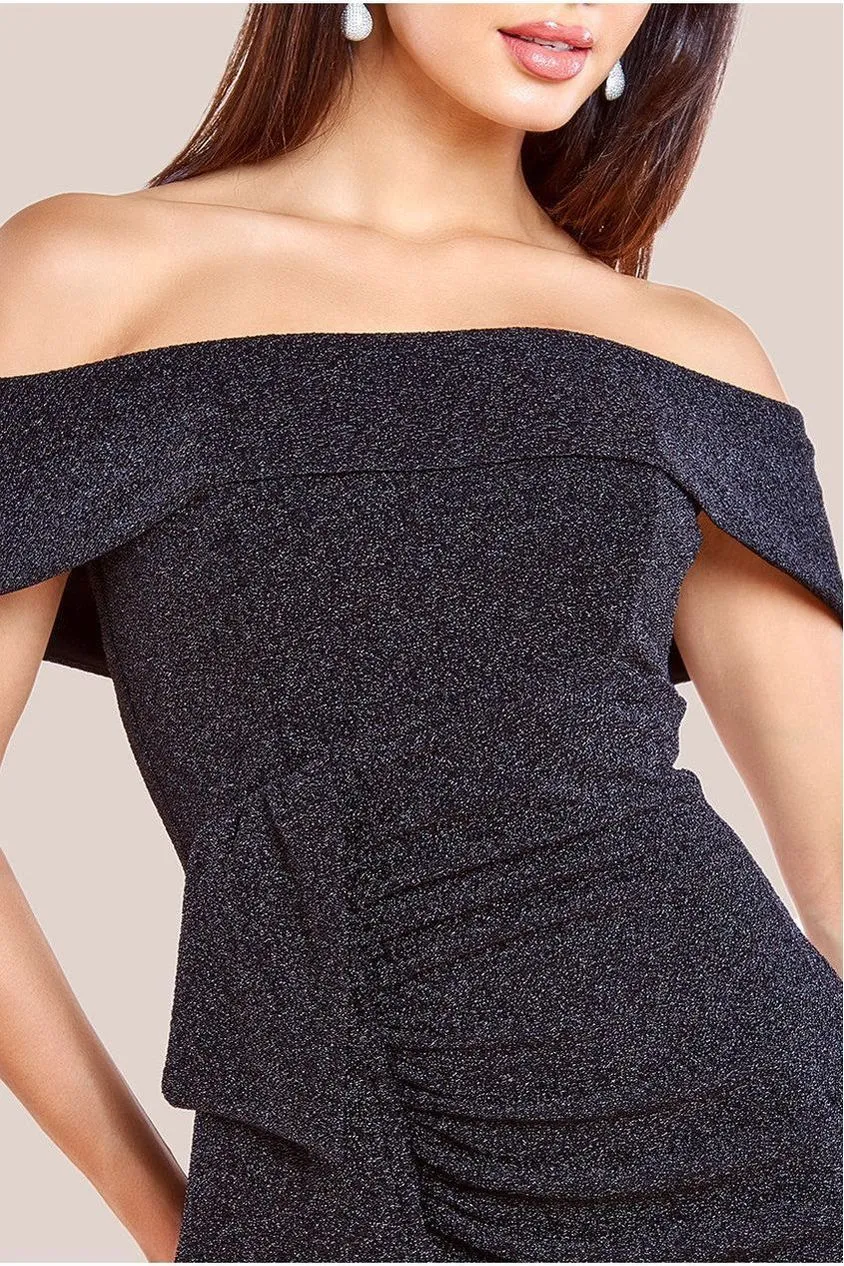 Goddiva Abito Midi Nero Bardot Lurex Waterfall Taglia 12