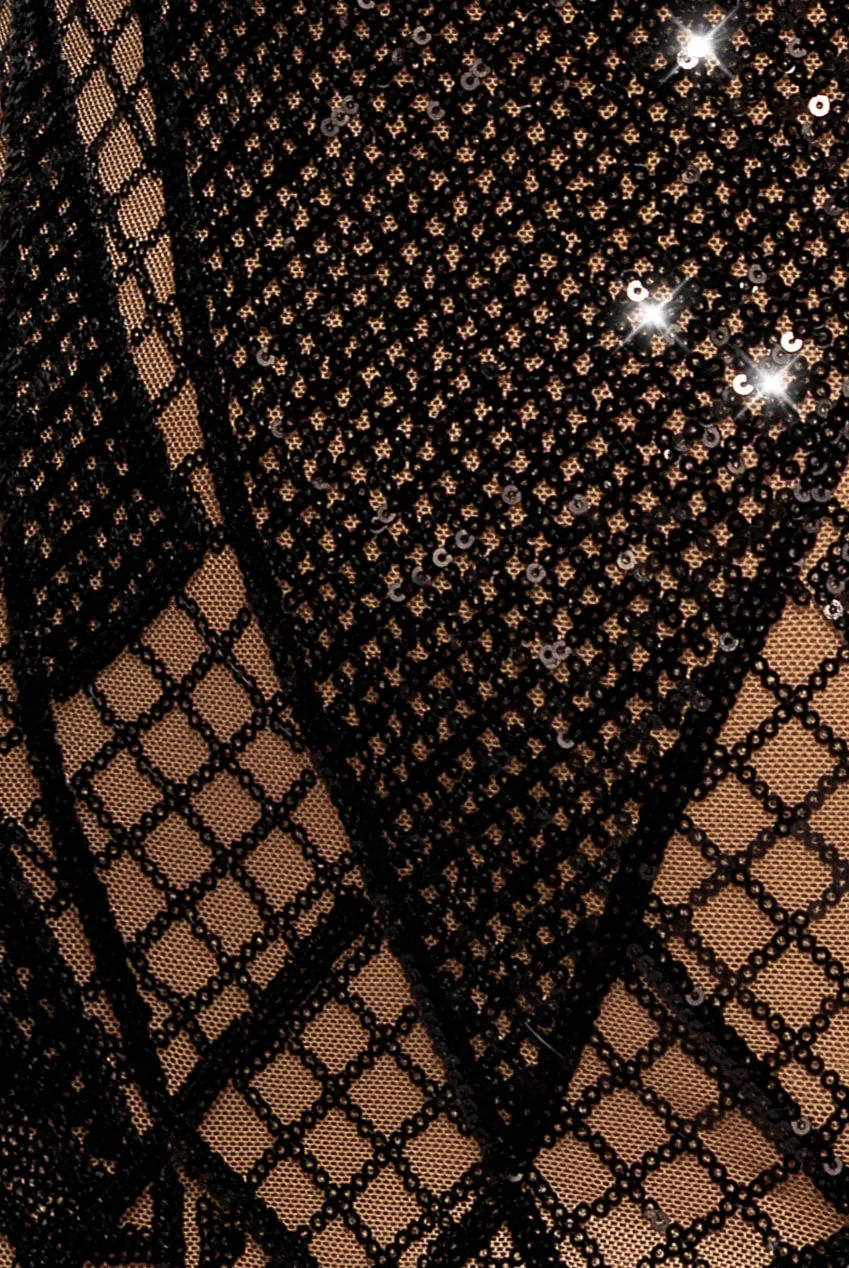 Goddiva DR4081 abito midi nero paillettes scollo profondo
