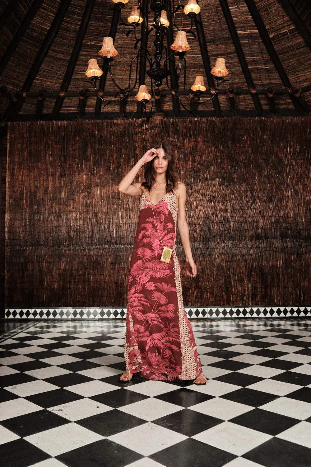 Johanna Ortiz Tropical Harmony abito maxi seta ecru rosa