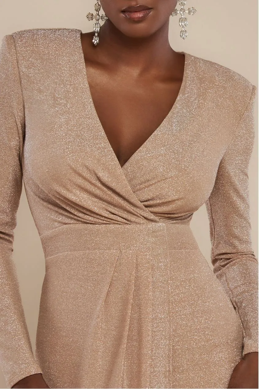 Goddiva Lurex Bodycon abito maxi nude scollo a V