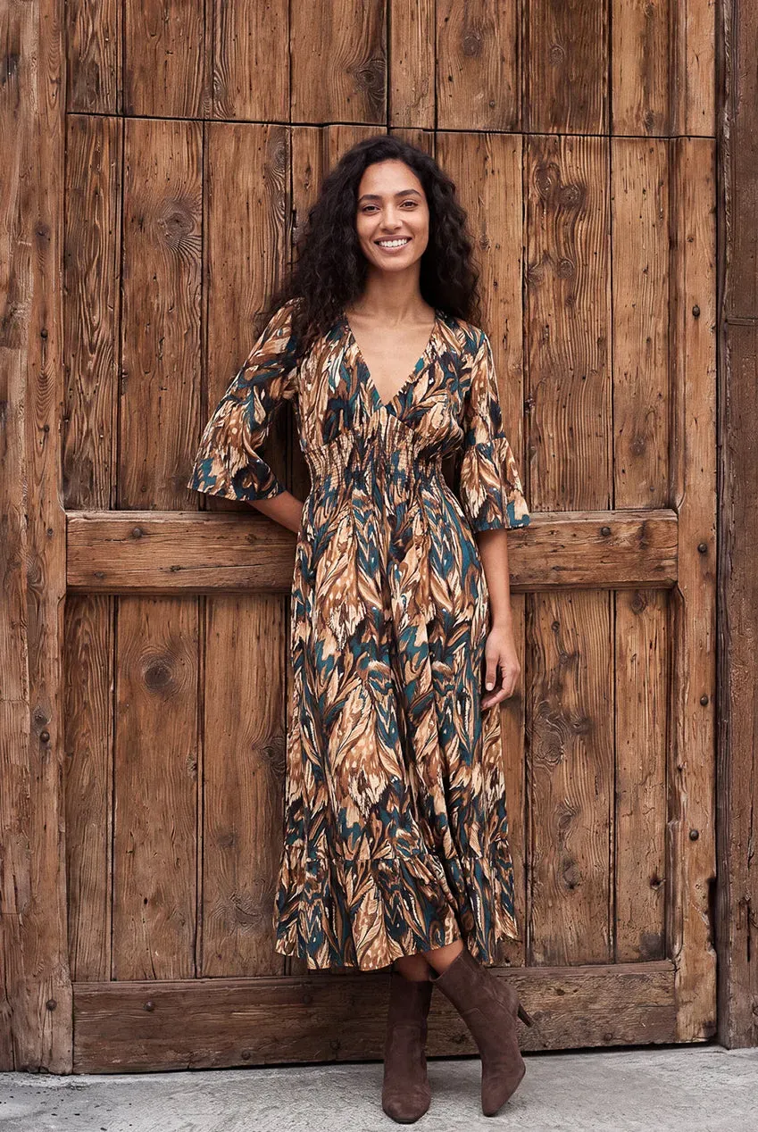Blue Vanilla Shirred Waist abito midi cioccolato stampa