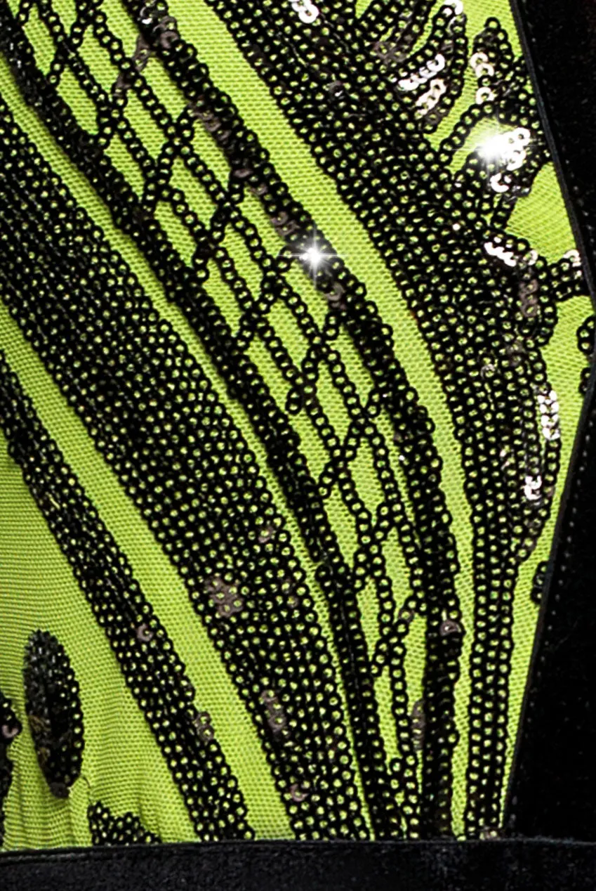 Goddiva Deep V Neck tuta lime scollo V paillettes