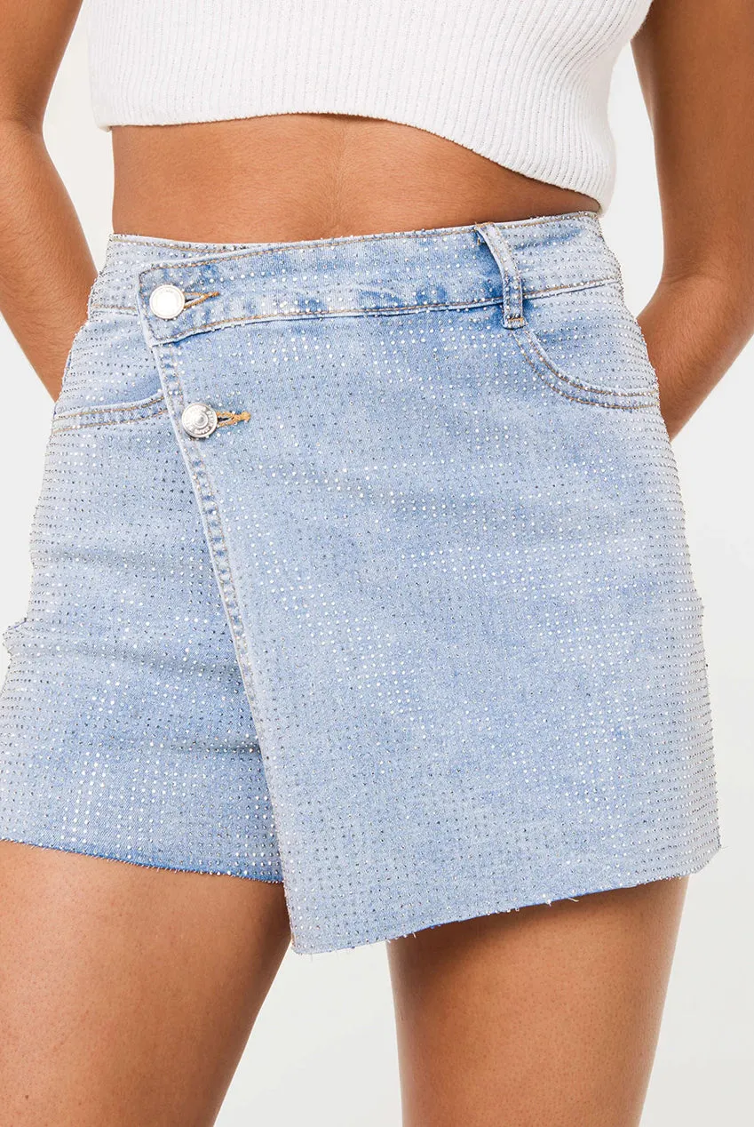 Pink Vanilla Diamante Denim gonna shorts blu mini strass