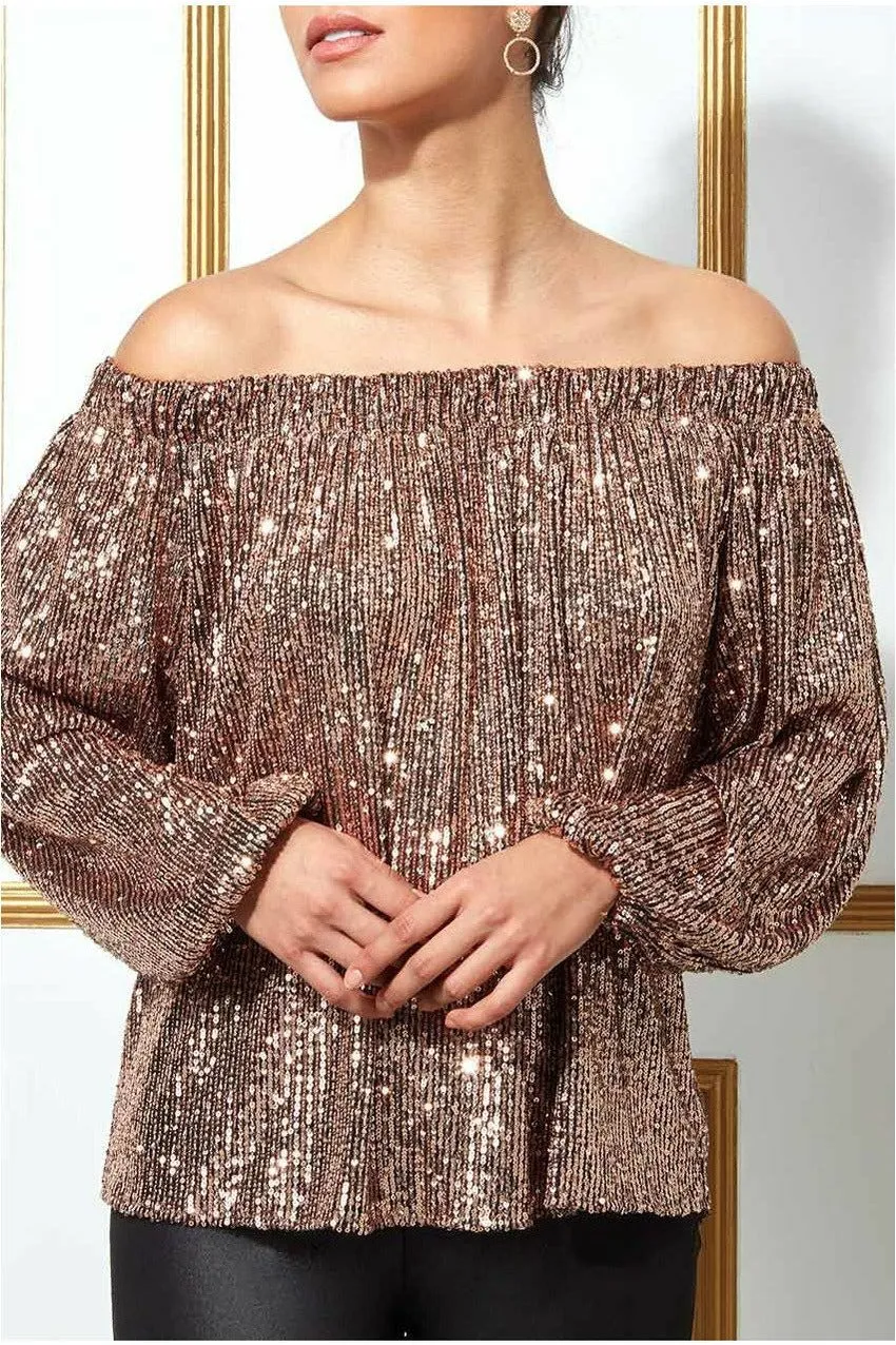 Goddiva Bardot Sequin Crop top champagne con paillettes