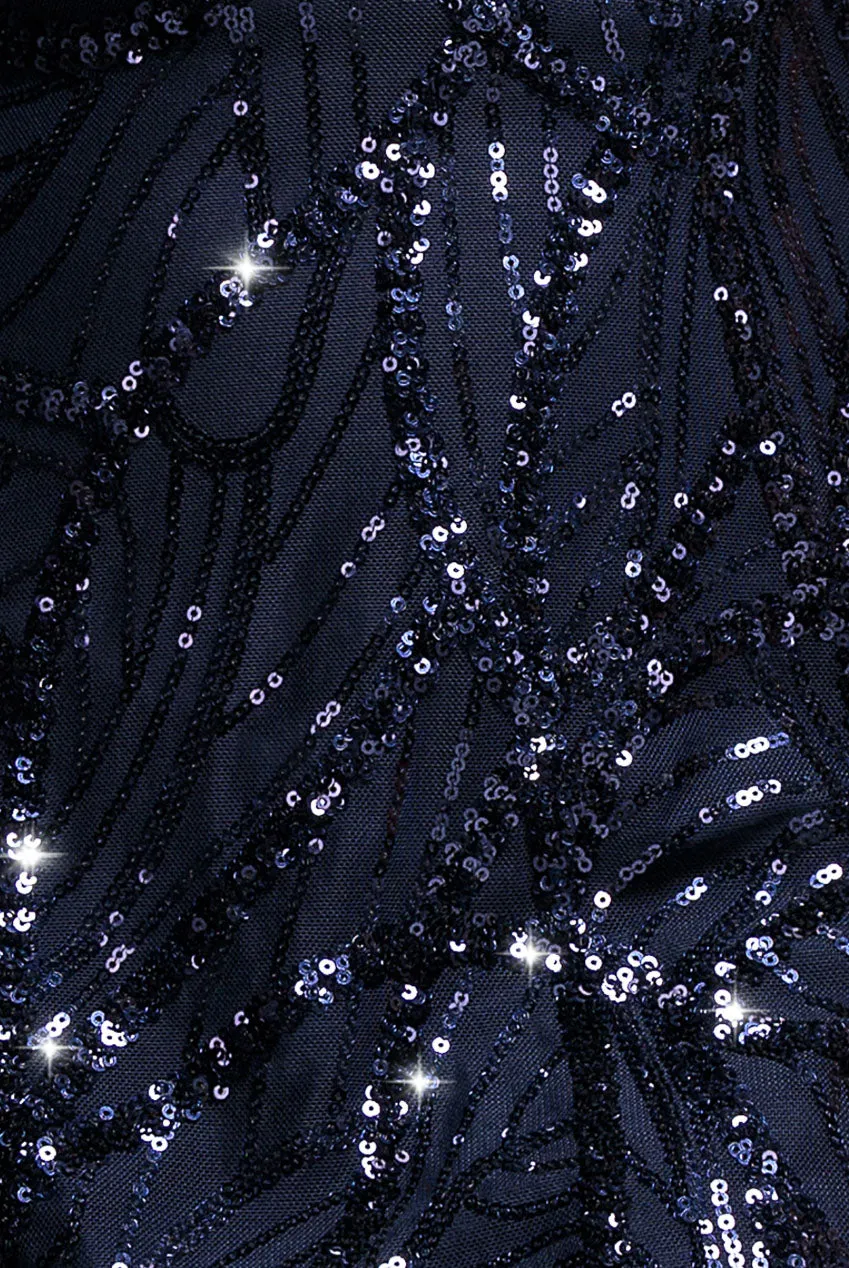 Goddiva Ornamental abito blu paillettes maxi spacco