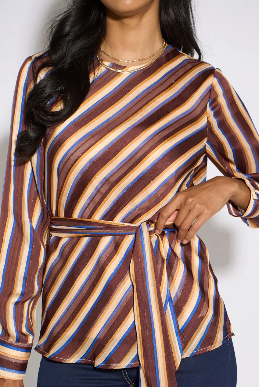 Gini London Diagonal Stripe Camicia Lurex Marrone con Cintura