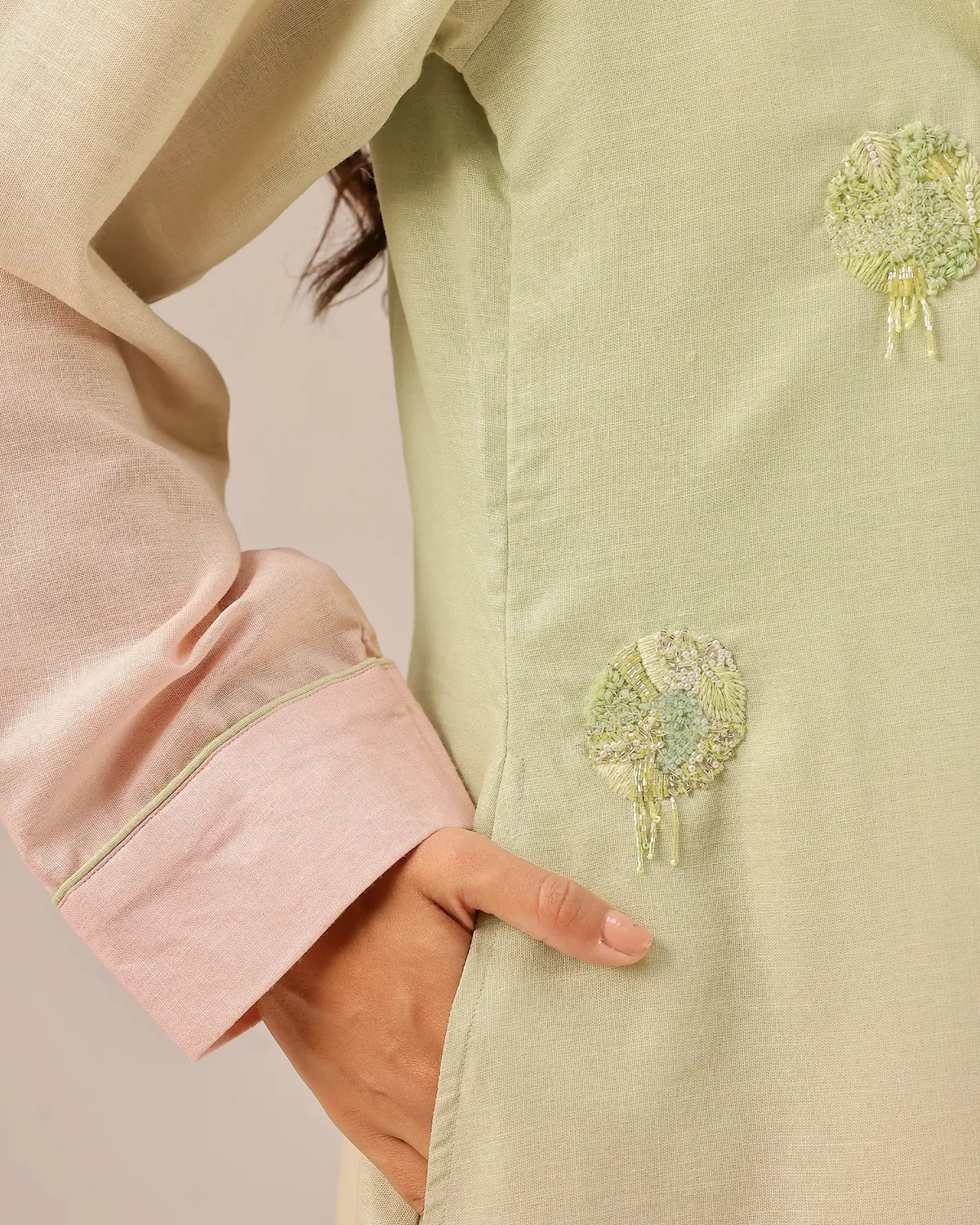 Our Dve Ocean Dusk giacca donna verde-rosa lino lunga