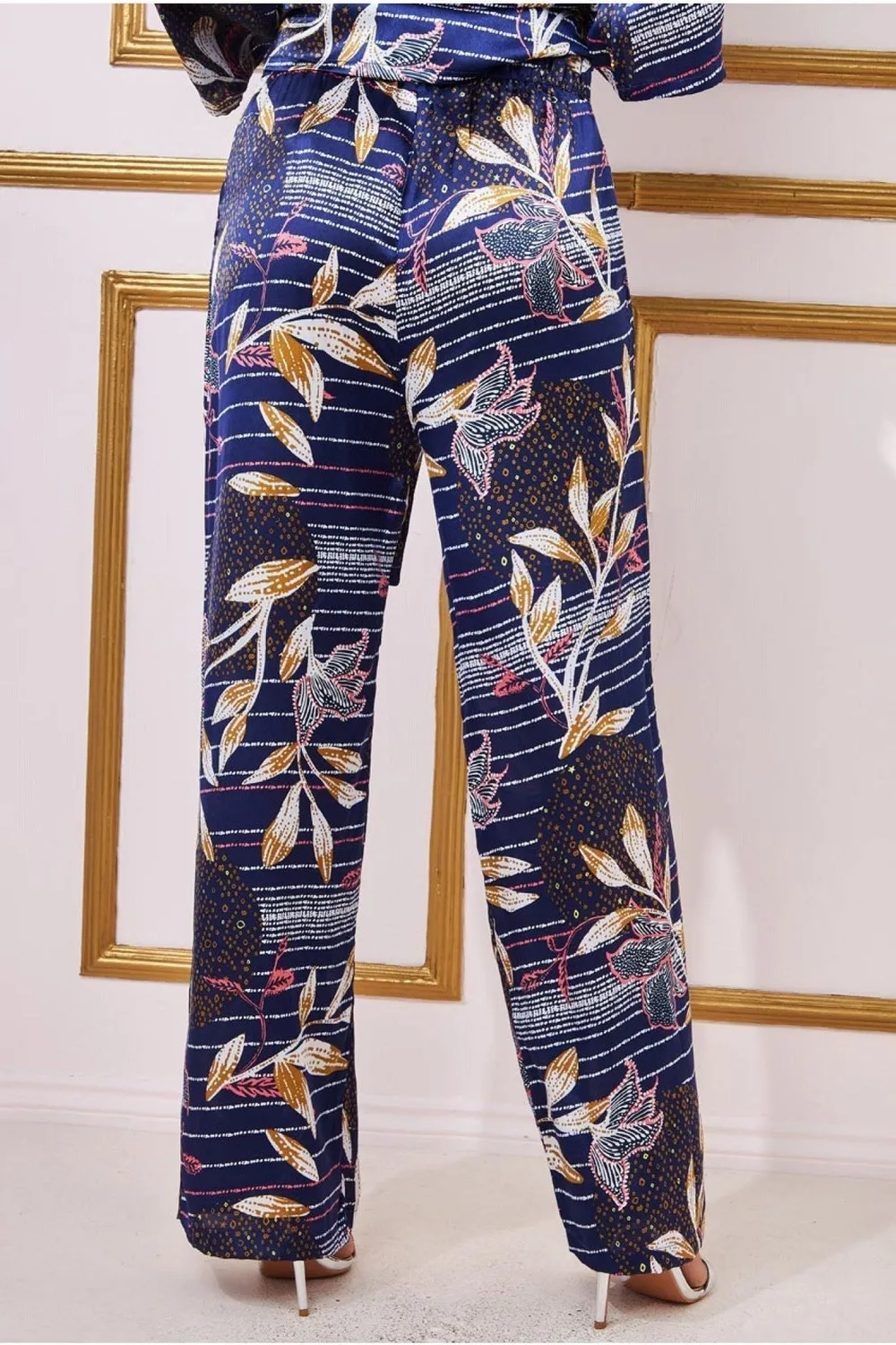 Goddiva Satin pantalone palazzo fantasia navy