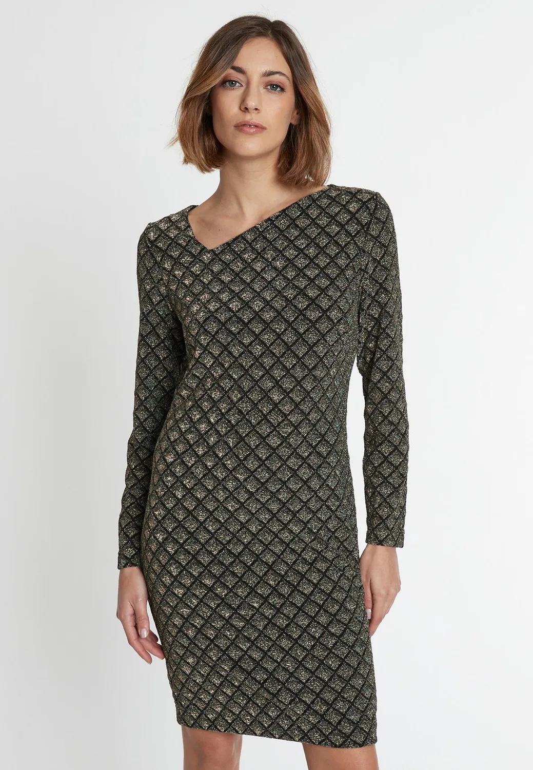 Ana Alcazar Sakyra abito lurex nero oro scollatura asimmetrica