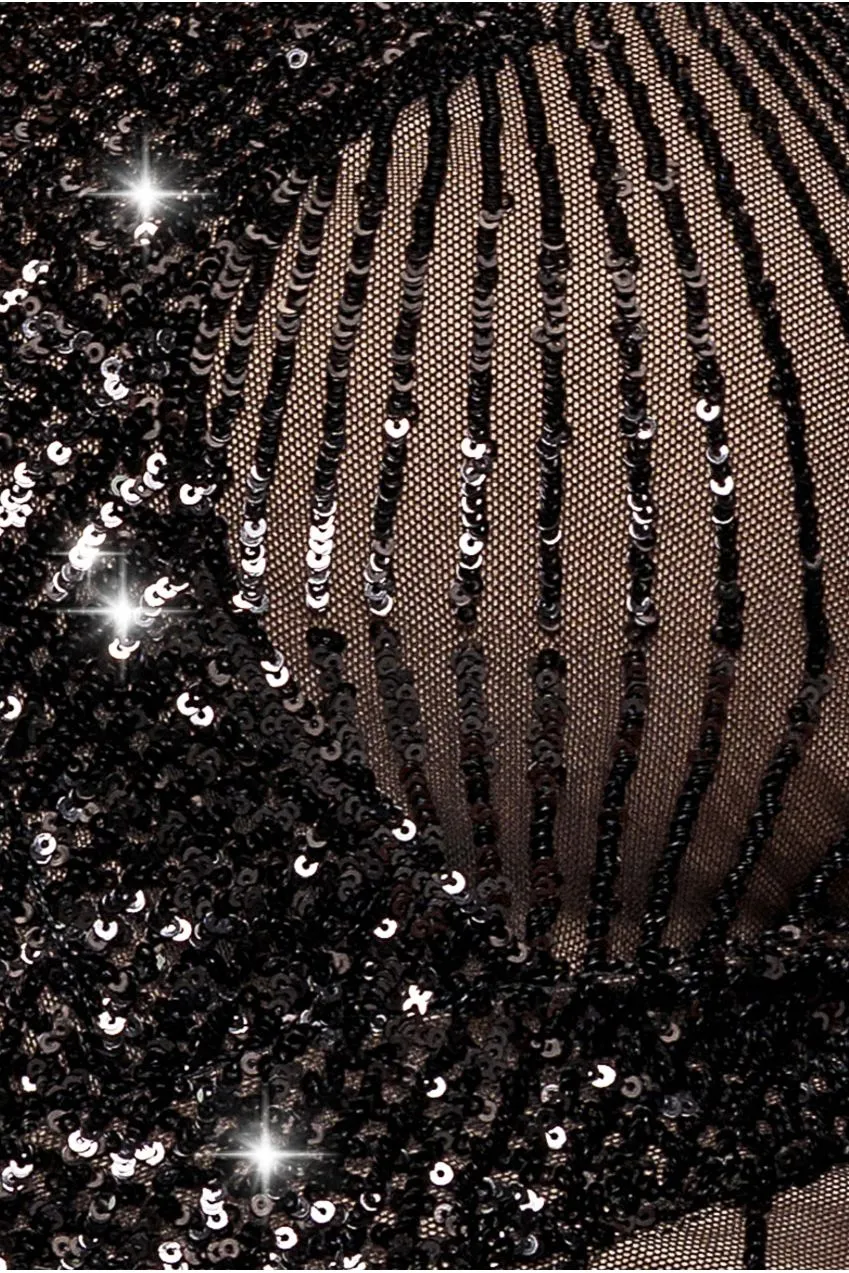 Goddiva Plus Starburst DR2617 abito midi nero paillettes curvy
