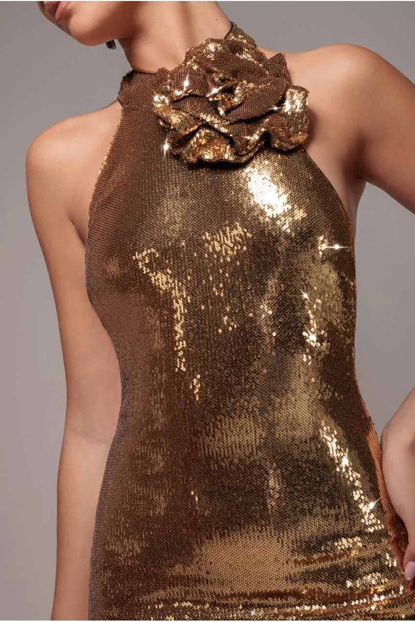 Goddiva abito maxi oro paillettes halter corsage