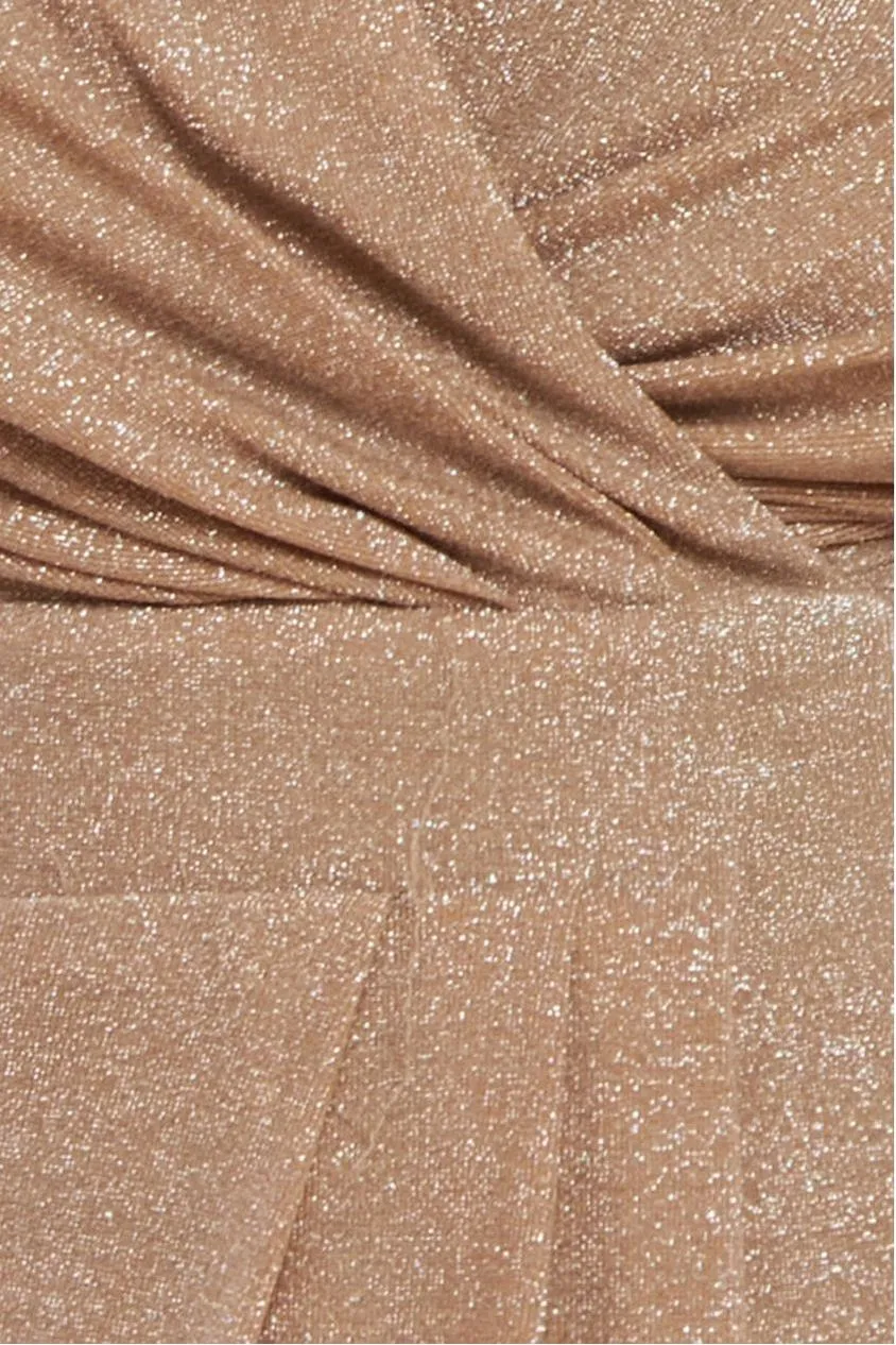 Goddiva Lurex Bodycon abito maxi nude scollo a V