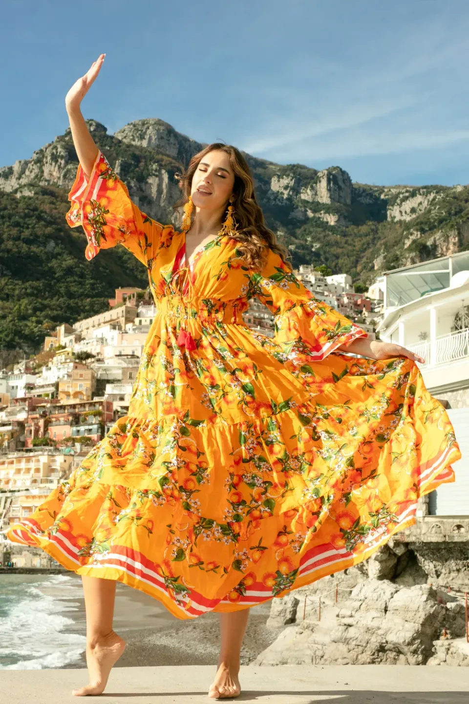 Antica Sartoria Agrumi FC519 abito lungo donna scollo V orange