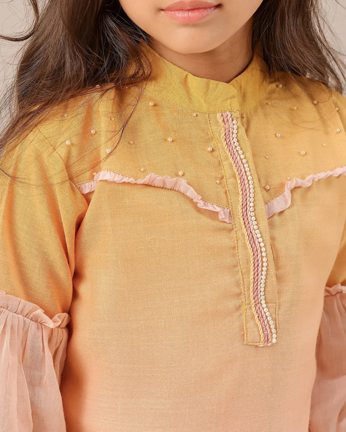 Our Dve Palm Whisper Dress abito bambina giallo rosa lino