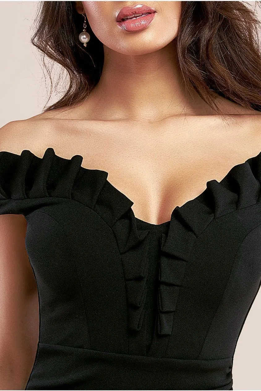 Goddiva Off Shoulder abito midi nero volant bodycon