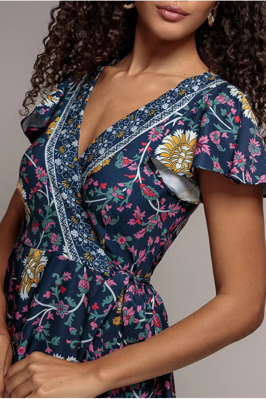 Goddiva Floral Print Wrap Flutter Abito Midi Blu Navy Floreale