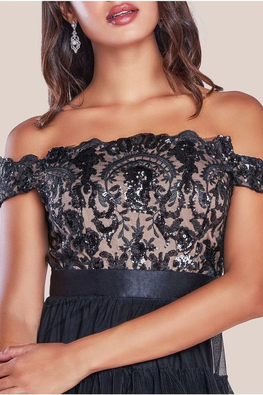 Goddiva Scallop Bardot abito lungo nero paillettes