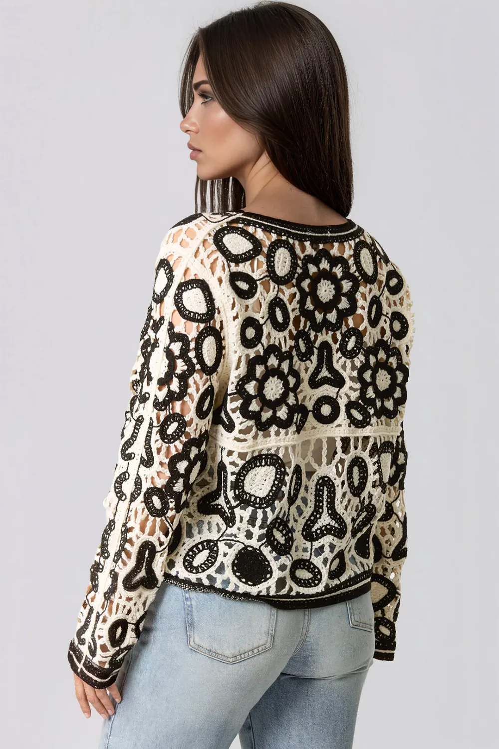 Aftershock London Black Floral Crochet cardigan nero panna S/M
