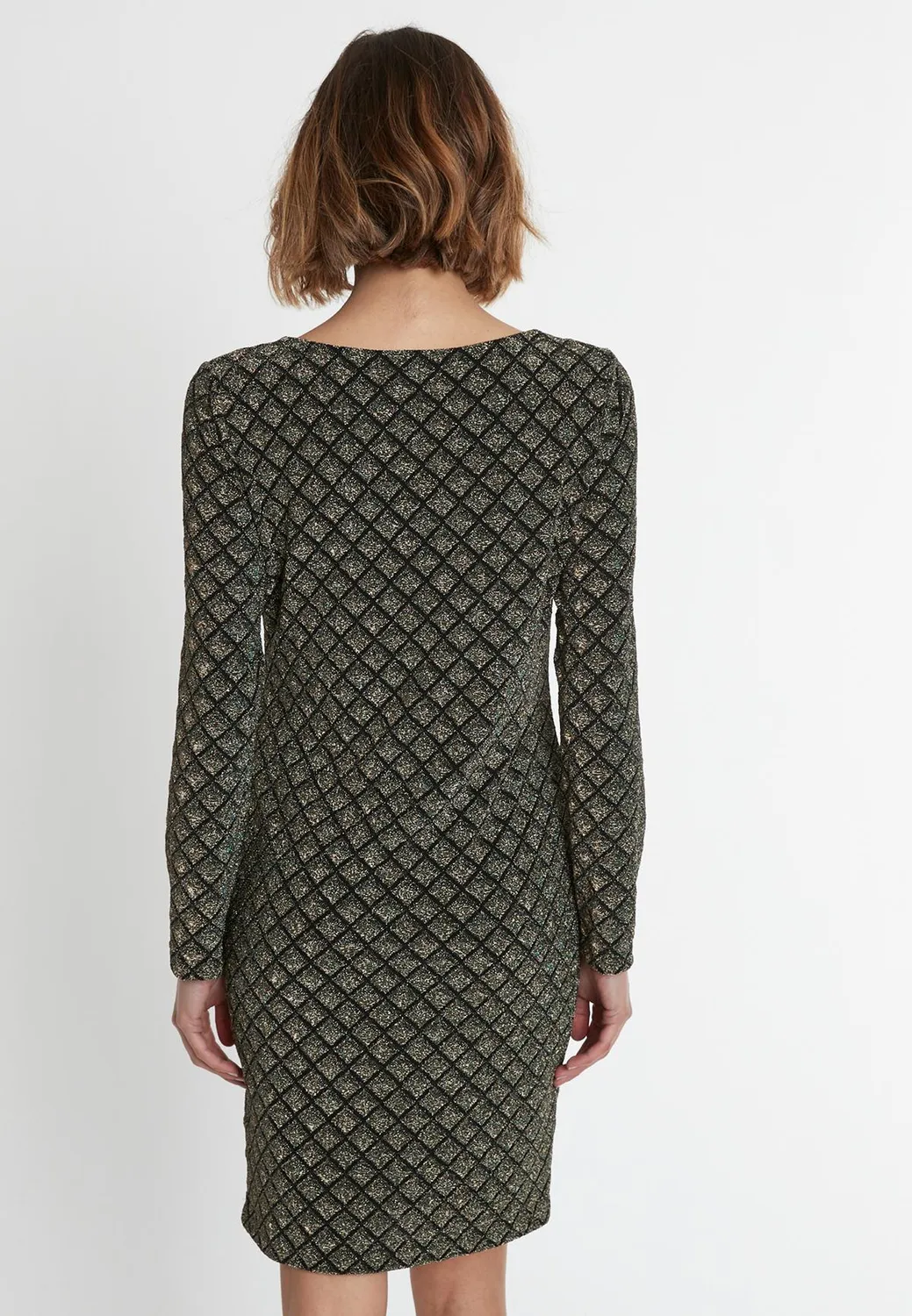 Ana Alcazar Sakyra abito lurex nero oro scollatura asimmetrica