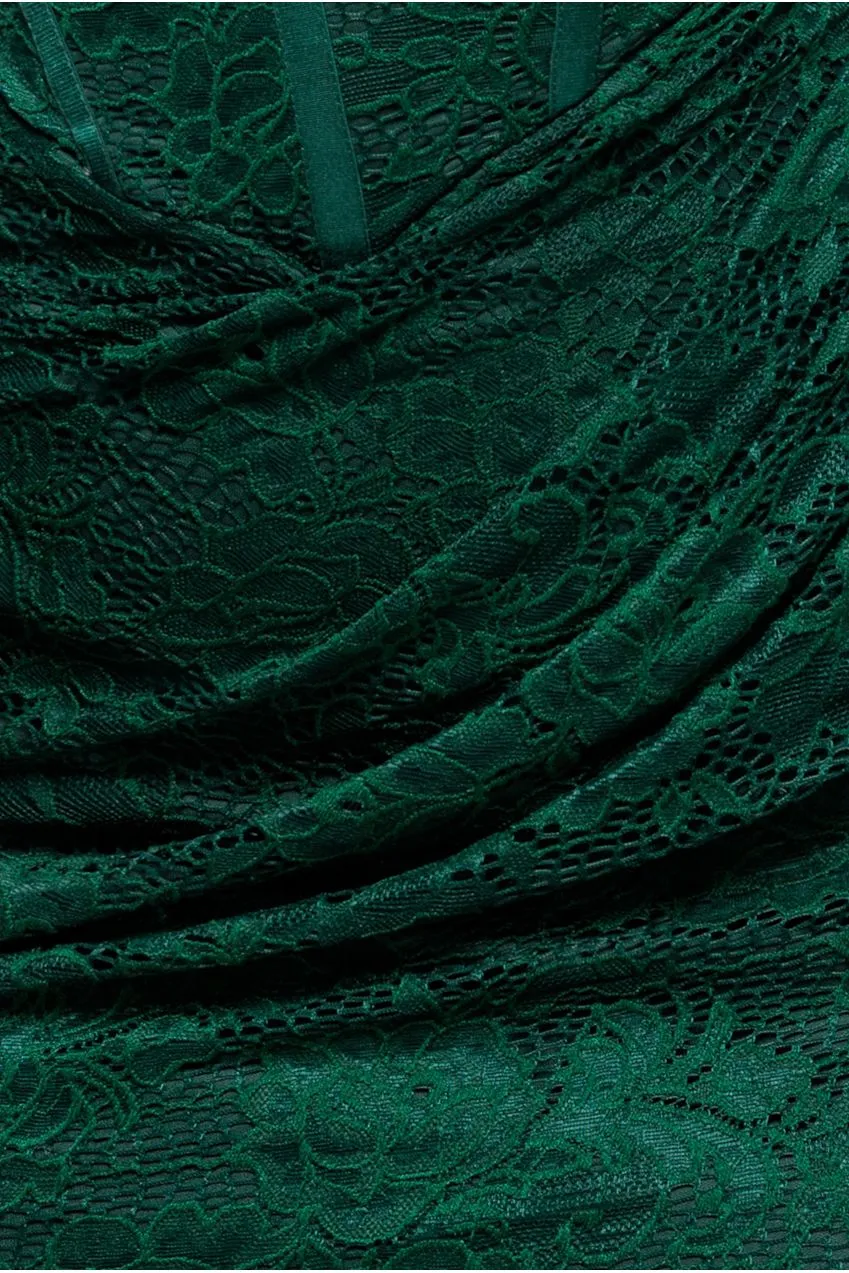Goddiva Abito Midi Pizzo Corsetto Verde Smeraldo Maniche Lunghe