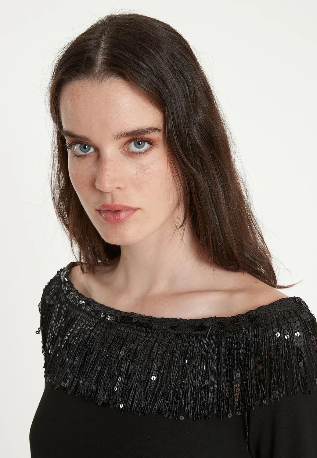 Ana Alcazar Tira Carmen abito nero corto in jersey paillettes