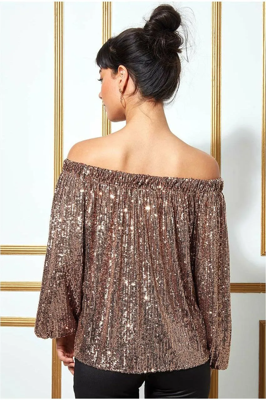Goddiva Bardot Sequin Crop top champagne con paillettes