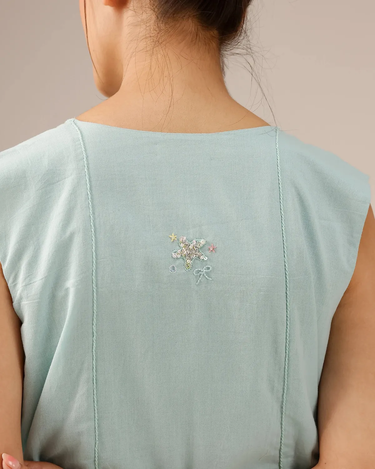 Our Dve Blush Pearl tailleur giacca abito blu cotone perle