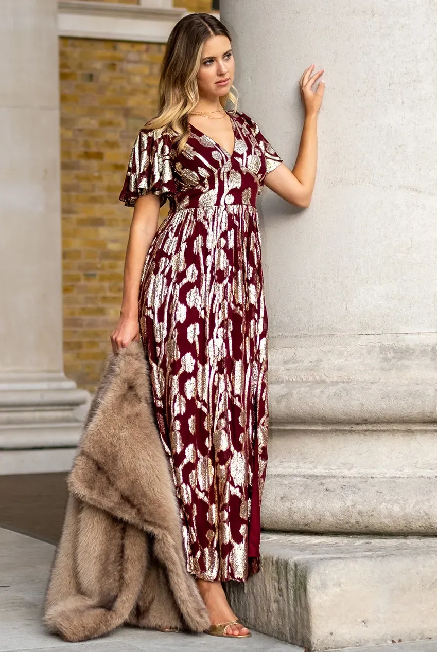 Goddiva Gini London abito lungo bordeaux jacquard metallizzato