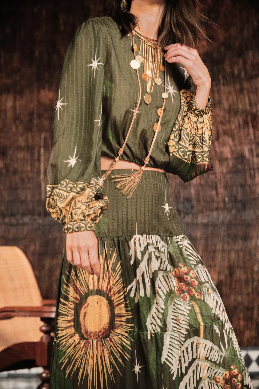 Johanna Ortiz Relatos De Mi Tierra gonna maxi verde seta
